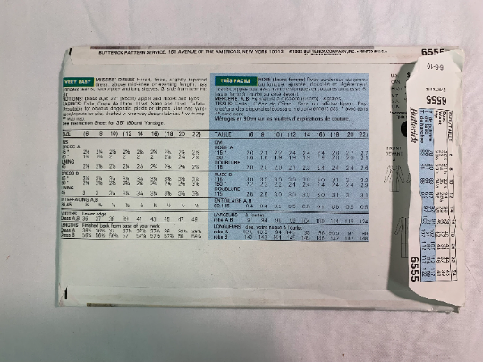 Butterick Sewing Pattern 6555 Misses' Dress, Two Lengths, Fitted, Zipper, Princess Seams, Long Sleeves, Tapered, Slit, Size 6-10, Uncut, Vintage 1992