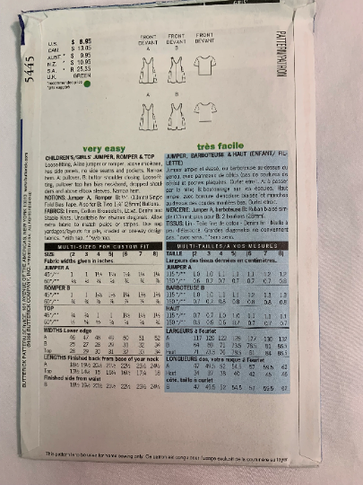 Butterick Sewing Pattern 5445 Girls' Jumper, Romper, Top, Loose-Fitting, A-Line, Mid-Knee Length, Pockets, Pullover, Panel, Size 6-8, Uncut, Vintage 1998
