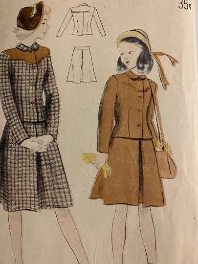 Butterick Sewing Pattern 5007 Girls' Semi-Fitted Jacket, Skirt, Long Sleeves, Two Piece Suit, Collar, Size 8, Cut, Vintage 1950