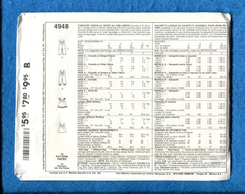 McCall's Sewing Pattern 4948 Toddlers' Jumper, Jumpsuit, 2 Lengths, 6 Variations, Sleeveless, Shoulder Straps, Ruffles, Pleats, Size 2, Uncut, Vintage 1987