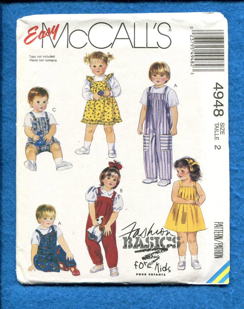 McCall's Sewing Pattern 4948 Toddlers' Jumper, Jumpsuit, 2 Lengths, 6 Variations, Sleeveless, Shoulder Straps, Ruffles, Pleats, Size 2, Uncut, Vintage 1987