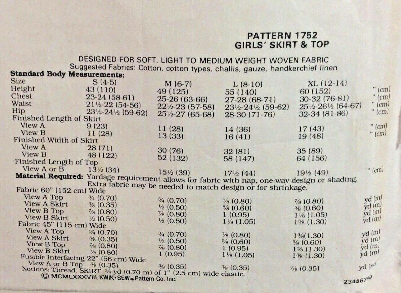 KWIK 1752 Girls' Top, Skirt, Size 4-14, Uncut, Vintage 1988