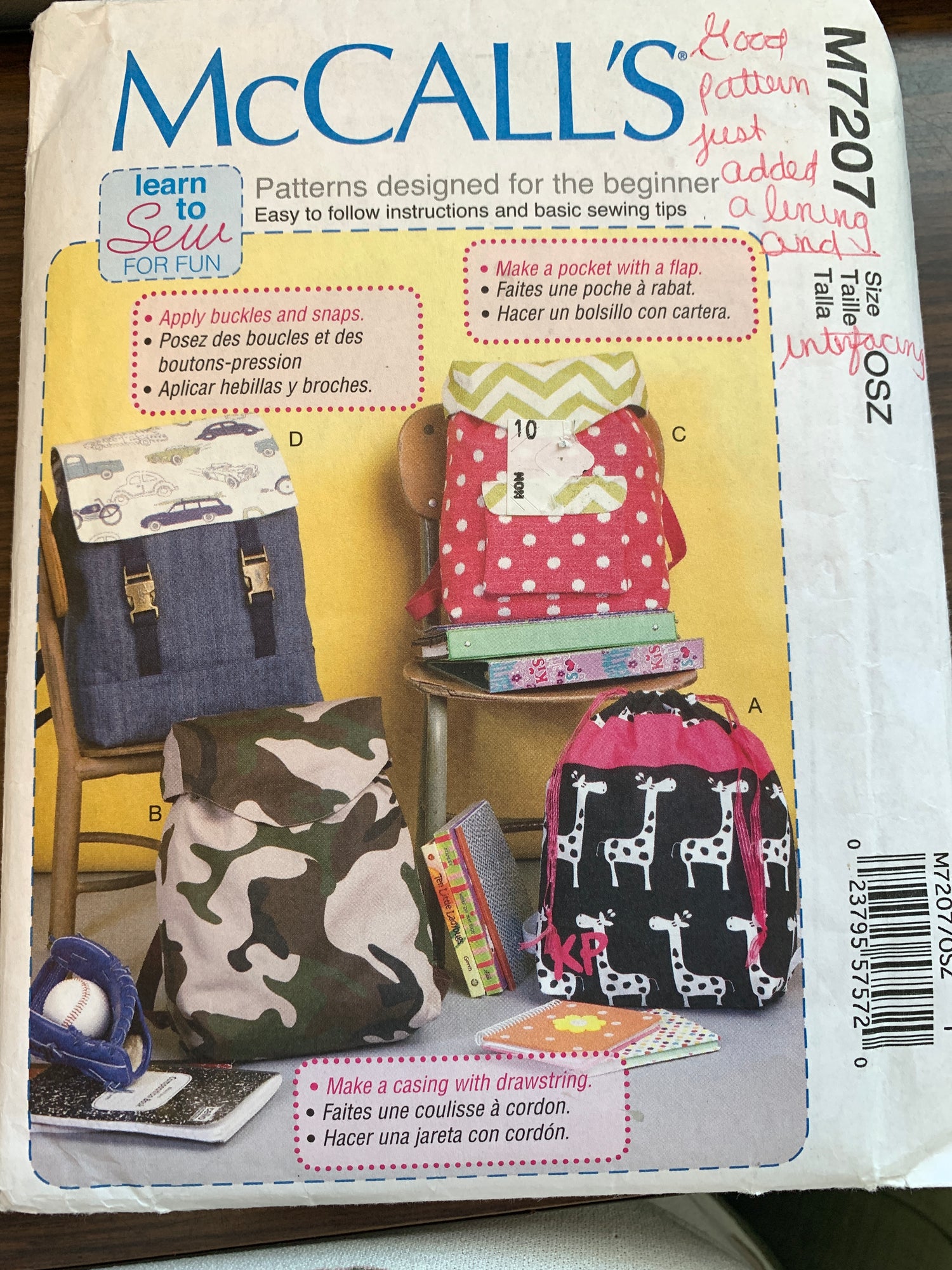 McCall's Sewing Pattern M7207 Backpack, Totes, Shoulder Bag, Drawstring, Snaps, Cut, 2015