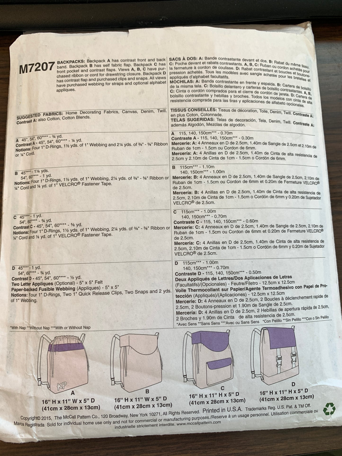 McCall's Sewing Pattern M7207 Backpack, Totes, Shoulder Bag, Drawstring, Snaps, Cut, 2015