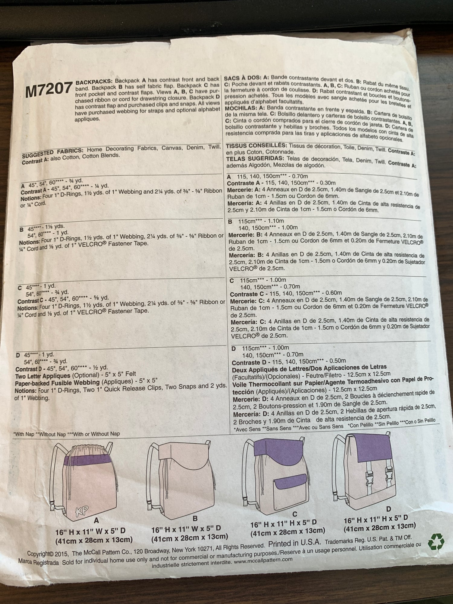 McCall's Sewing Pattern M7207 Backpack, Totes, Shoulder Bag, Drawstring, Snaps, Cut, 2015