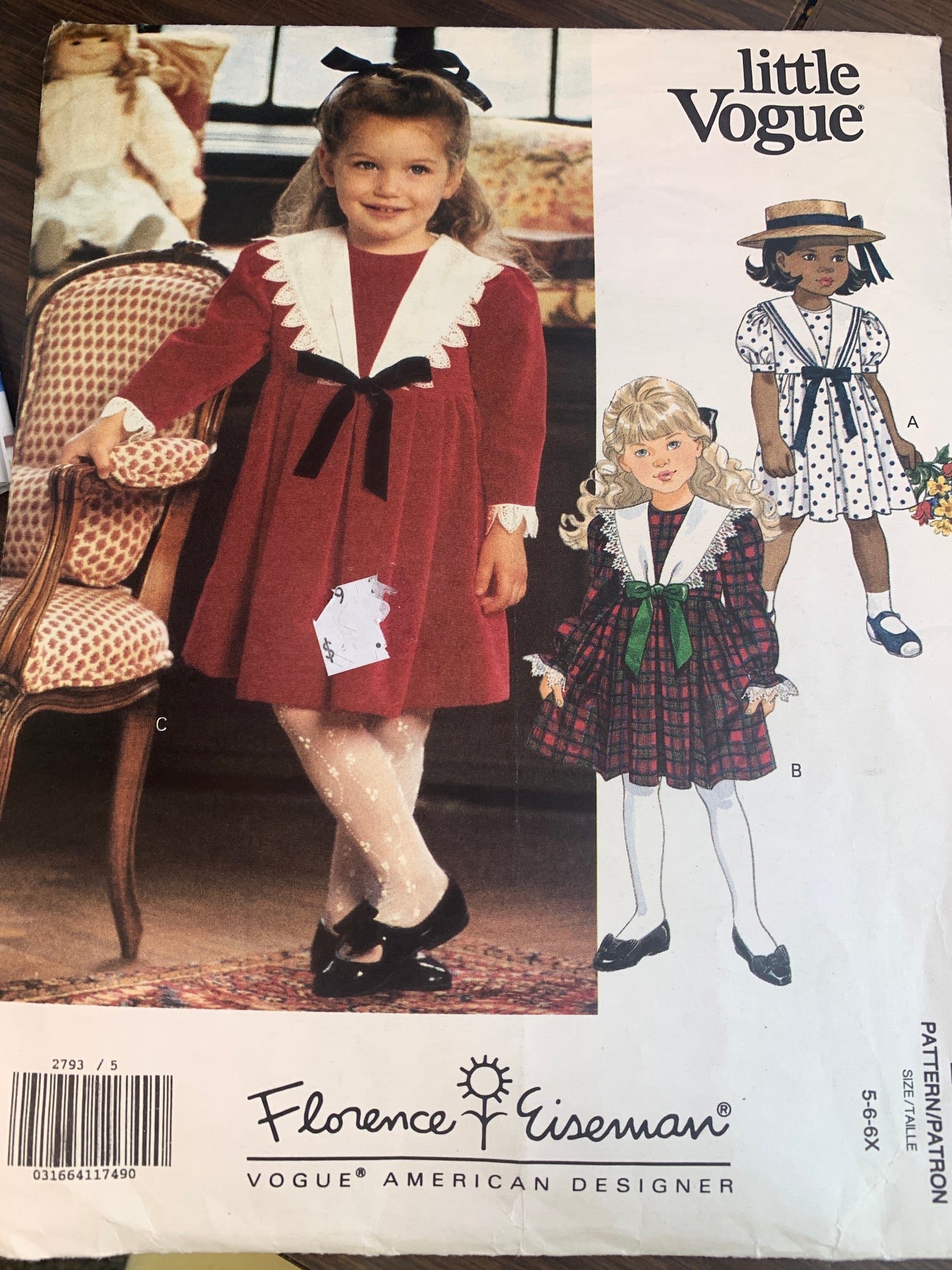 Vogue Sewing Pattern 2793 Toddlers'/Girls Dress, Semi-Fitted, Zipper Back, Size 5-6X, Cut, Vintage 1991