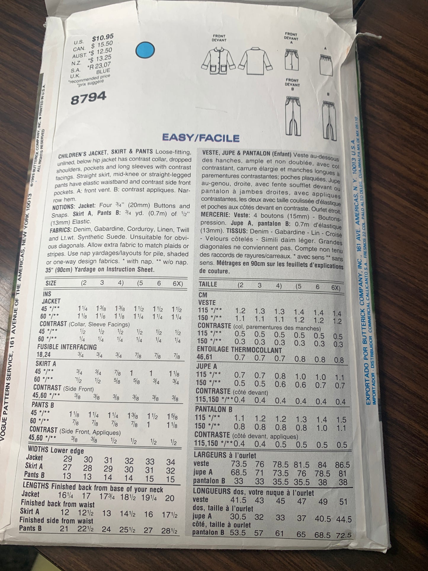 Vogue Sewing Pattern 8794 Girls' Jacket, Skirt, Pants, Loose-Fitting, Pockets, Long Sleeves, Size 2-4, Cut, Vintage 1993