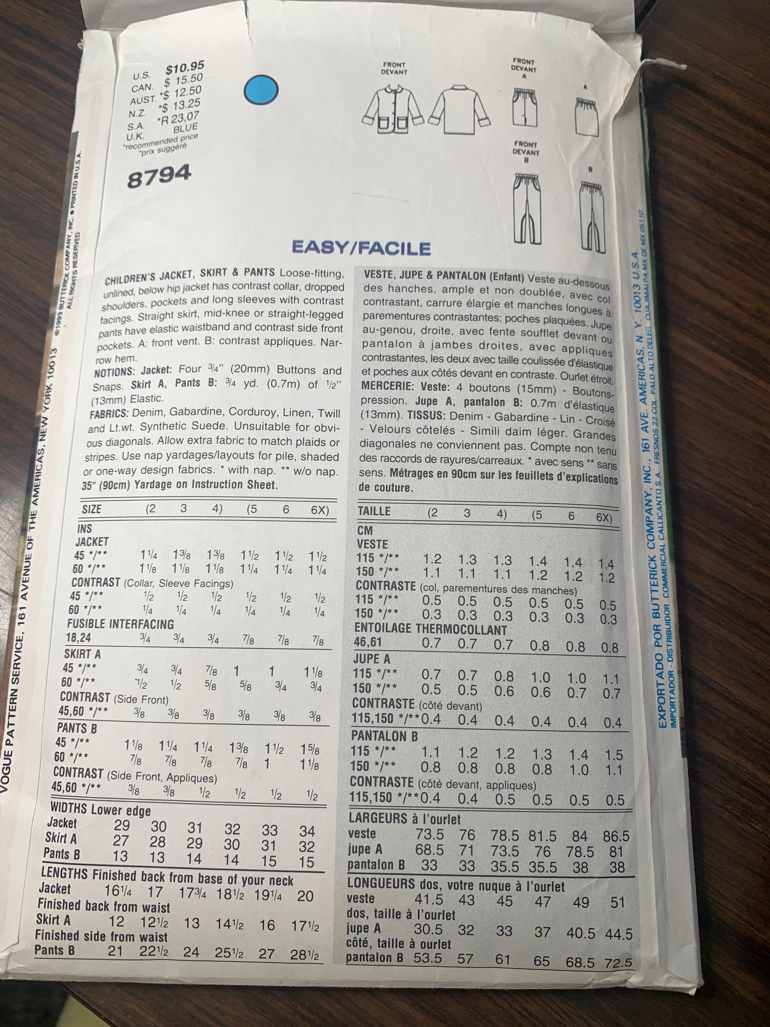 Vogue Sewing Pattern 8794 Girls' Jacket, Skirt, Pants, Loose-Fitting, Pockets, Long Sleeves, Size 2-4, Cut, Vintage 1993