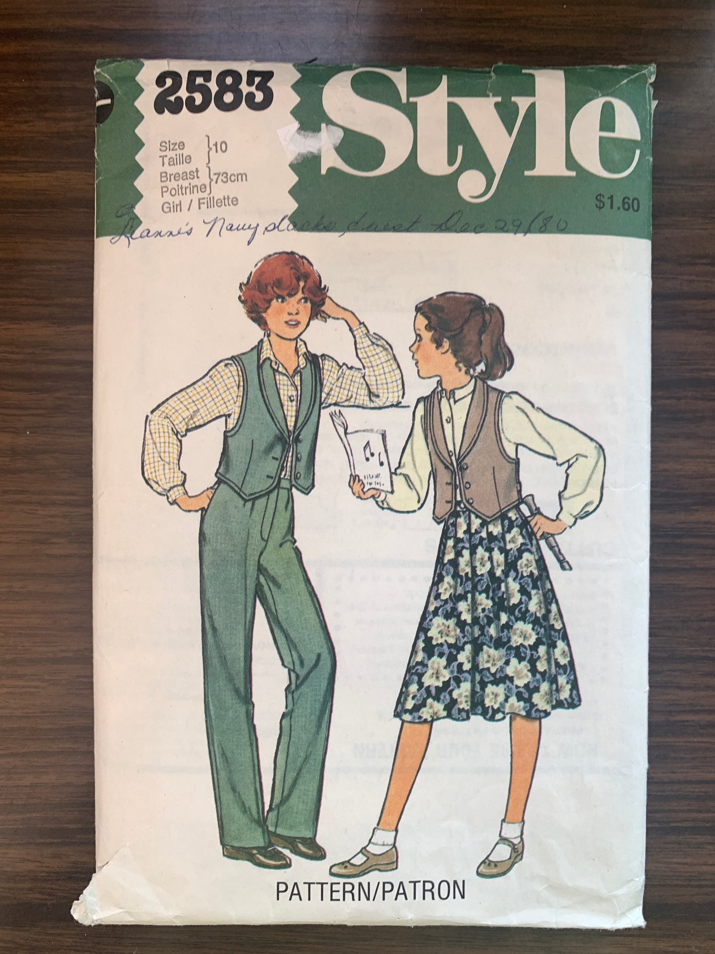 Style Sewing Pattern 2583 Girls' Skirt, Pants, Waistcoat, Lined, Button Front, Zipper, Size 10, Cut, Vintage 1979
