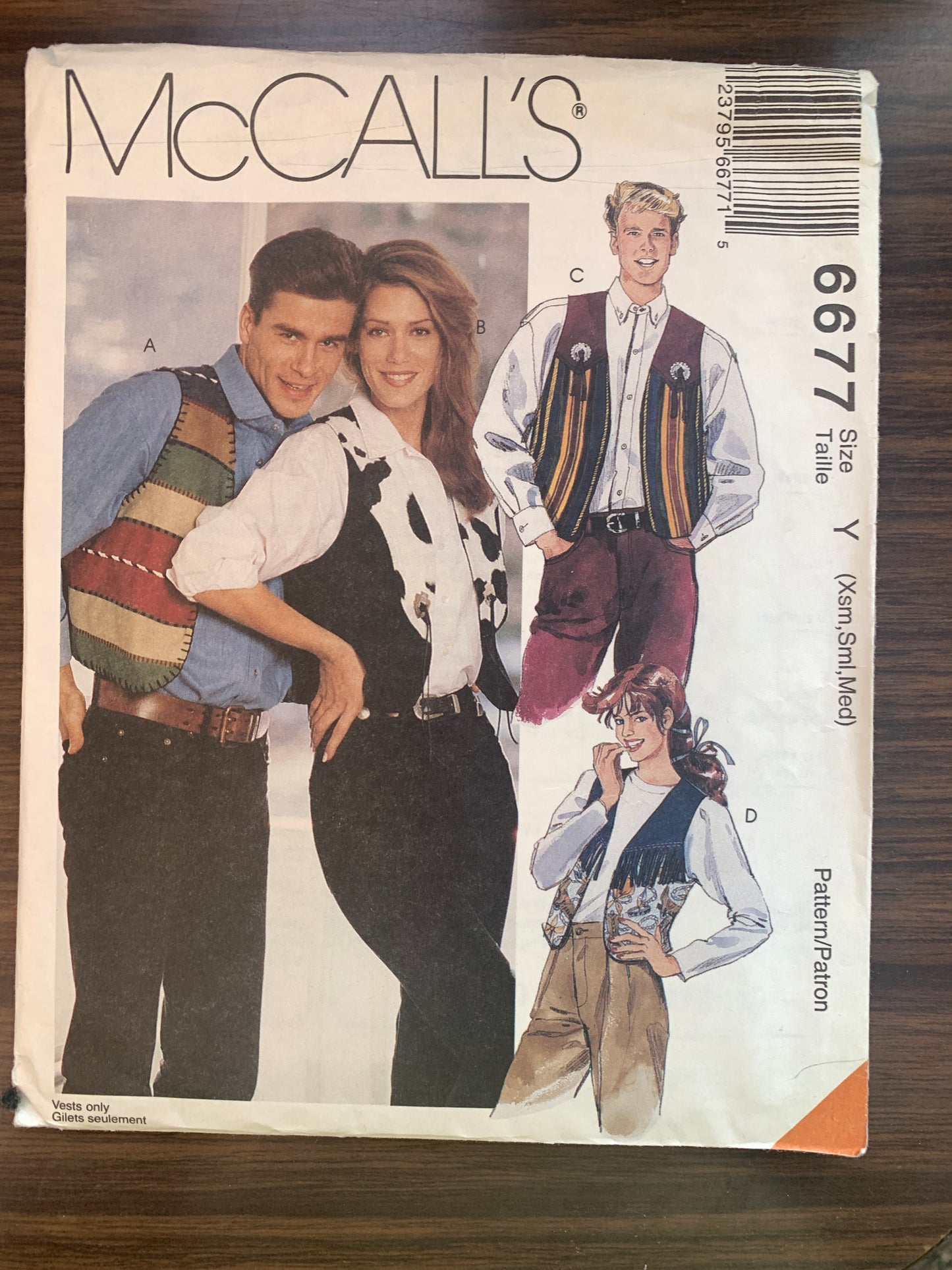 McCall's Sewing Pattern 6677 Misses'/Men's/Teens Lined Vest,  Size 29-36, Cut, Vintage 1993