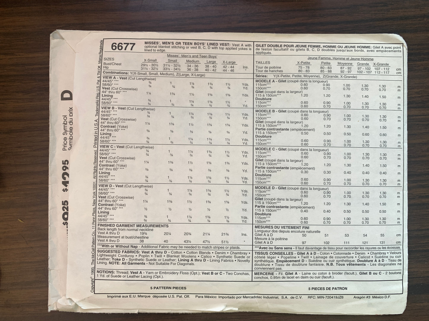 McCall's Sewing Pattern 6677 Misses'/Men's/Teens Lined Vest,  Size 29-36, Cut, Vintage 1993