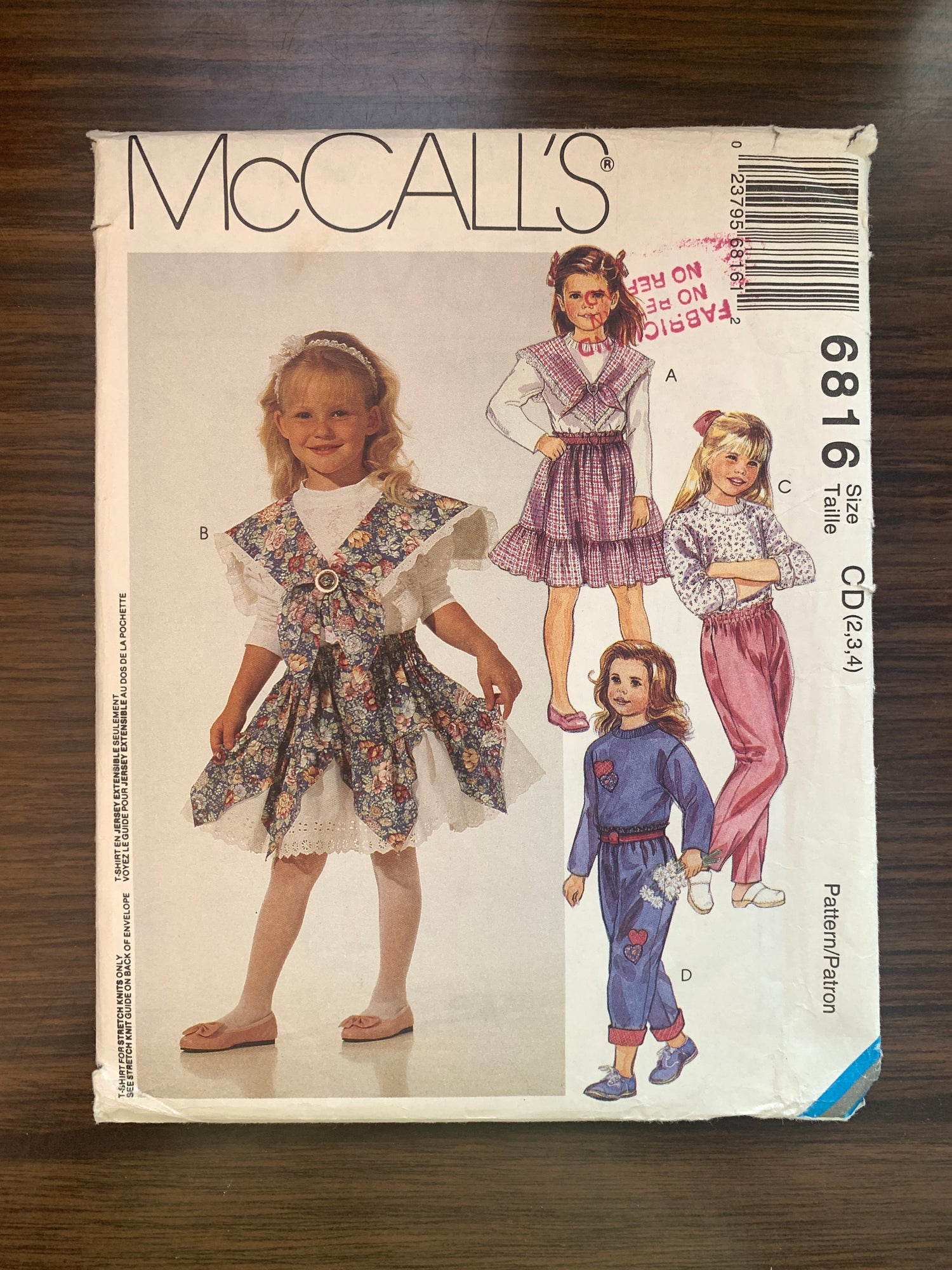 McCall's Sewing Pattern 6816 Girls' T-Shirt, Pants, Skirt, Detachable Collar, Stretch Knits, Size 2-4, Cut, Vintage 1994