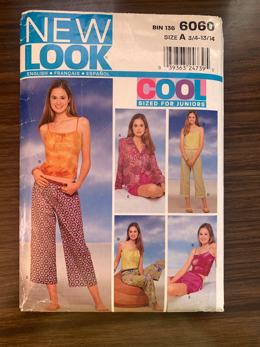 Simplicity New Look Sewing Pattern 6060 Misses' Top, Shorts, Camisole, Pants, Blouse, Elastic Waist, Size 3-14, Cut, Vintage 1999