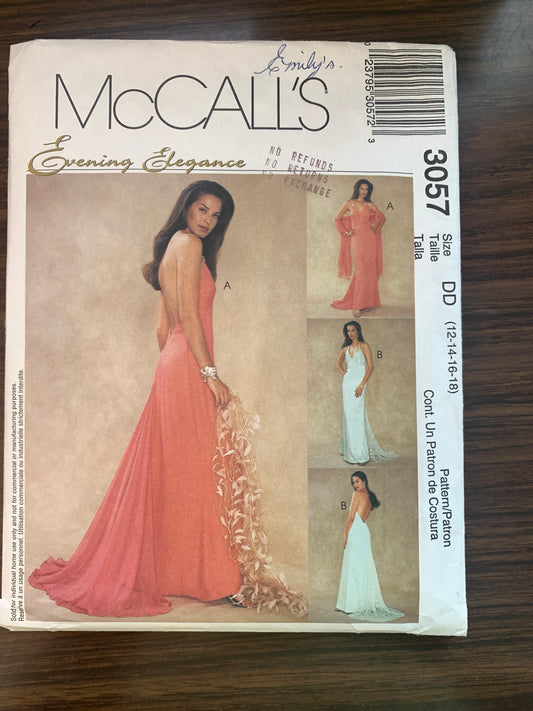 McCall's Sewing Pattern 3057 Misses' Lined Dress, Wrap, Floor Length, Evening Gown, Train, Size 12-18, Cut, 2000