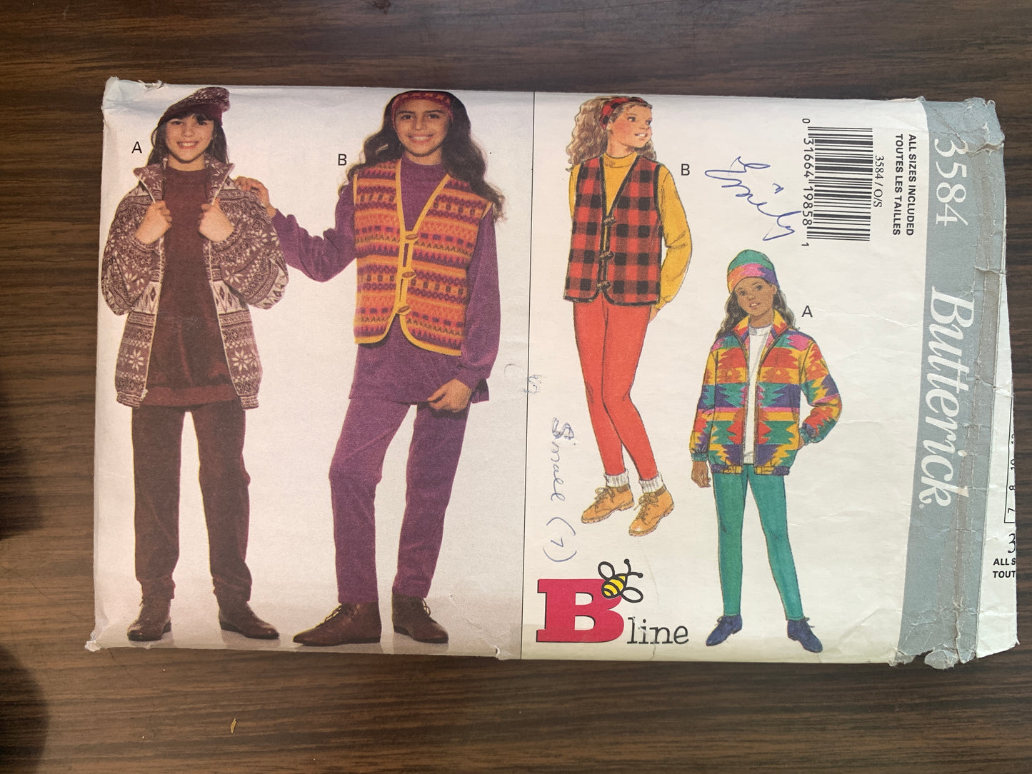 Butterick Sewing Pattern 3584 Girls' Jacket, Vest, Top, Leggings, Hat, Headband, Size 7-14, Cut, Vintage 1994