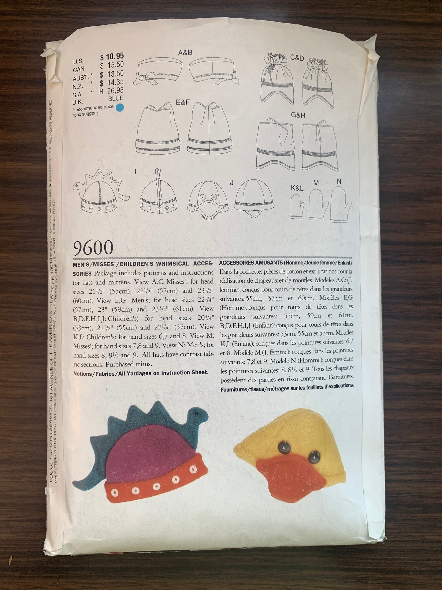 Vogue Sewing Pattern 9600 Misses'/Men's/Children Hats, Mittens, 5 Variations, Size S-M, Cut, Vintage 1996