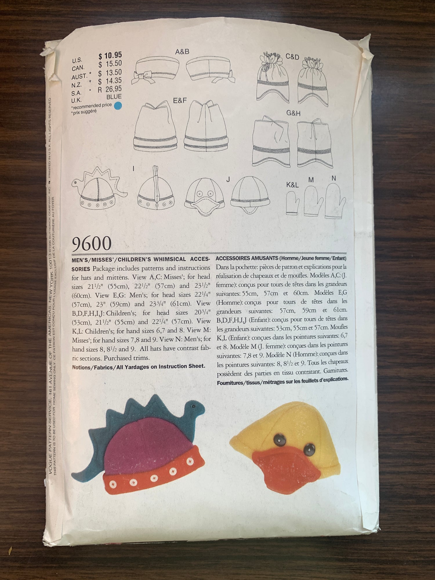 Vogue Sewing Pattern 9600 Misses'/Men's/Children Hats, Mittens, 5 Variations, Size S-M, Cut, Vintage 1996