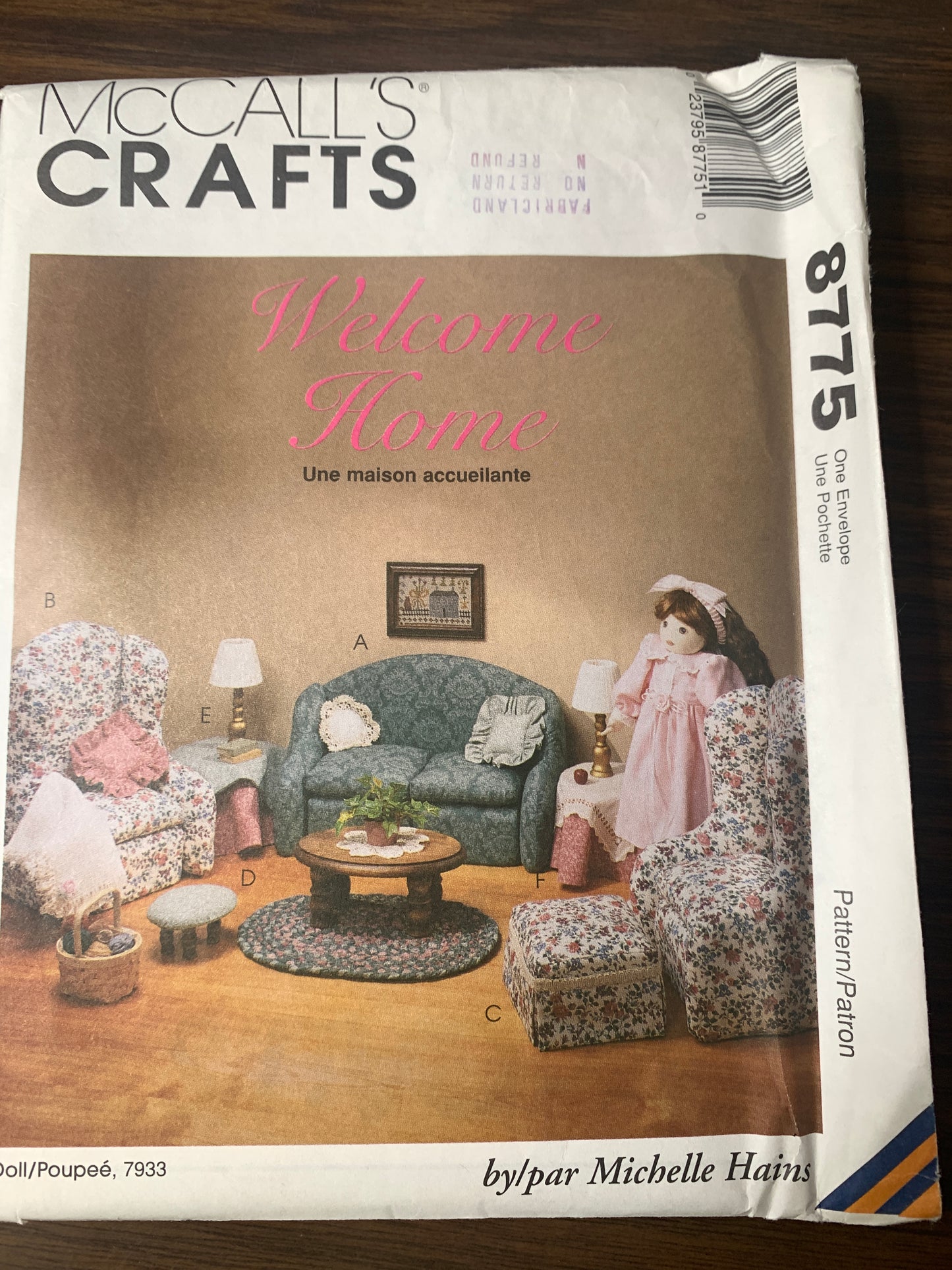 McCall's Sewing Pattern 8775 Doll Furniture, 11-12 Inch Doll, Sofa, Chair, Dressing Table, Tablecloth, Canopy, Furniture, Uncut, Vintage 1997