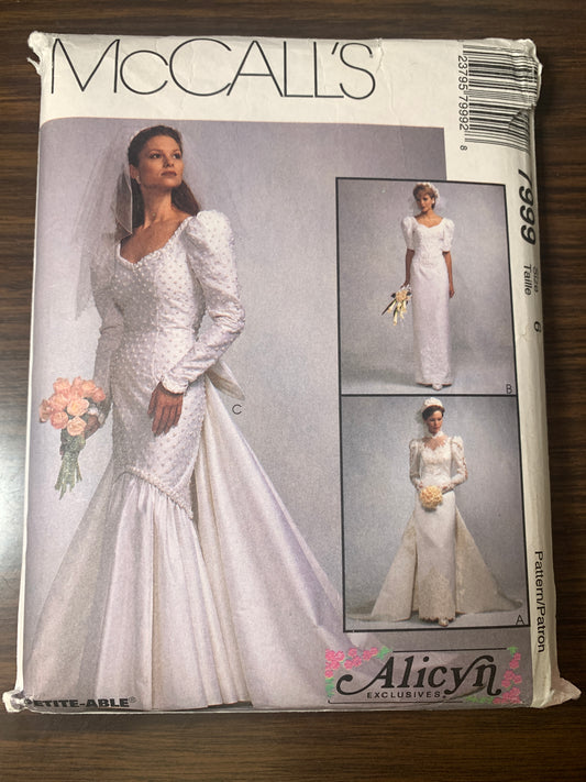 McCall's Alicyn Sewing Pattern 7999 Misses' Lined Wedding Dresses, Bride, Detachable Train, Zipper Back, Size 6, Uncut, Vintage 1995
