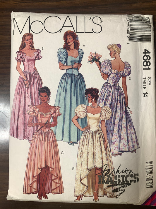 McCall's Sewing Pattern 4681 Misses' Gowns, Dress, Zipper Back, Size 14, Uncut, Vintage 1990