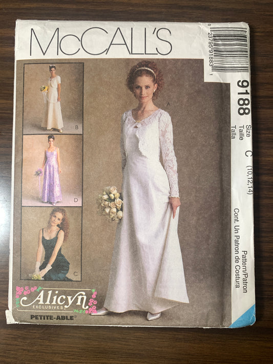 McCall's Sewing Pattern 9188 Misses' Bridal Gowns, Bridesmaids' Gowns, Dress, Size 10-14, Uncut, Vintage 1998
