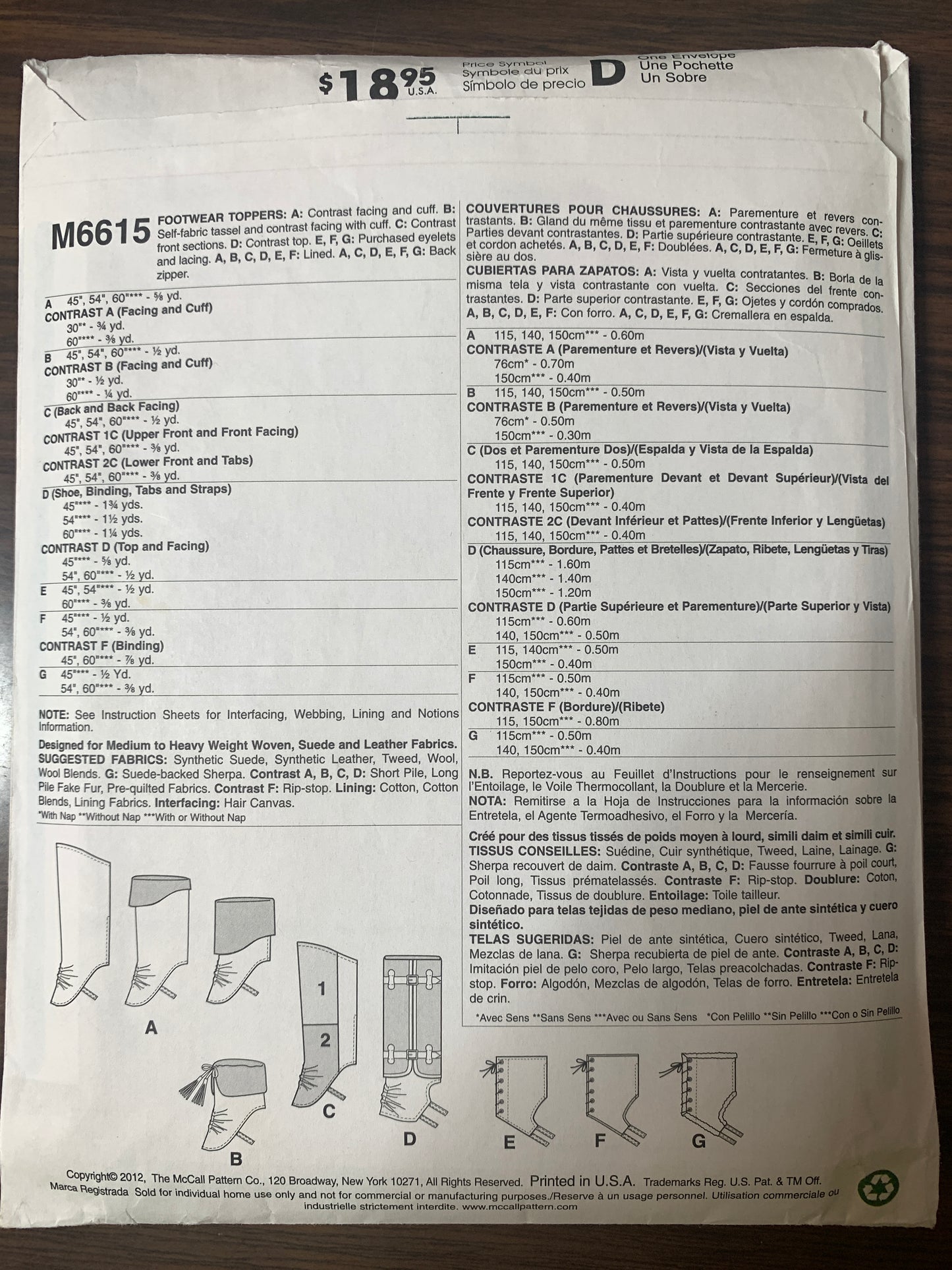 McCall's Sewing Pattern M6615 Misses' Teens' Footwear Toppers, 7 Variations, Uncut, 2012