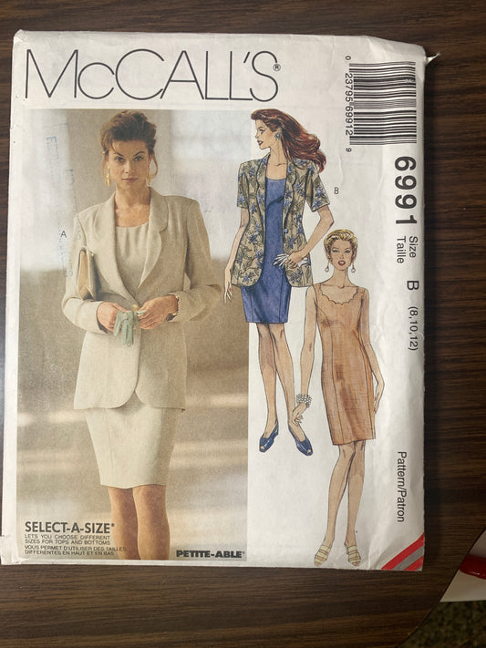 McCall's Sewing Pattern 6991 Misses' Dress, Jacket, Long/Short Sleeves, Zipper Back, Semi-Fitted Size 8-12, Uncut, Vintage 1994