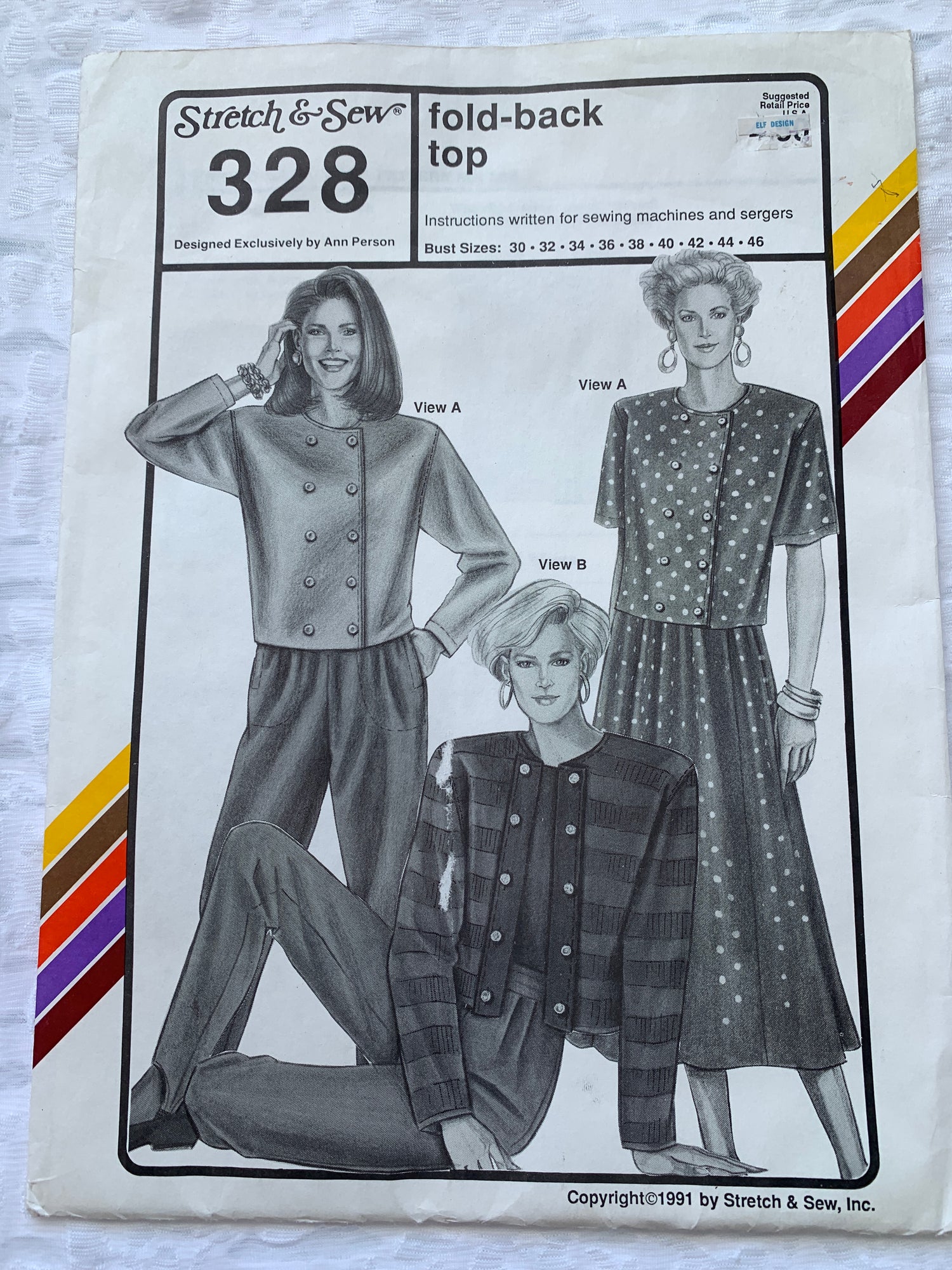 Stretch & Sew Sewing Pattern328 Ann Person Collectibles Fold-Back Top, Long Sleeves, Uncut, 1991