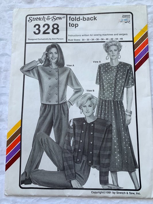 Stretch & Sew Sewing Pattern328 Ann Person Collectibles Fold-Back Top, Long Sleeves, Uncut, 1991