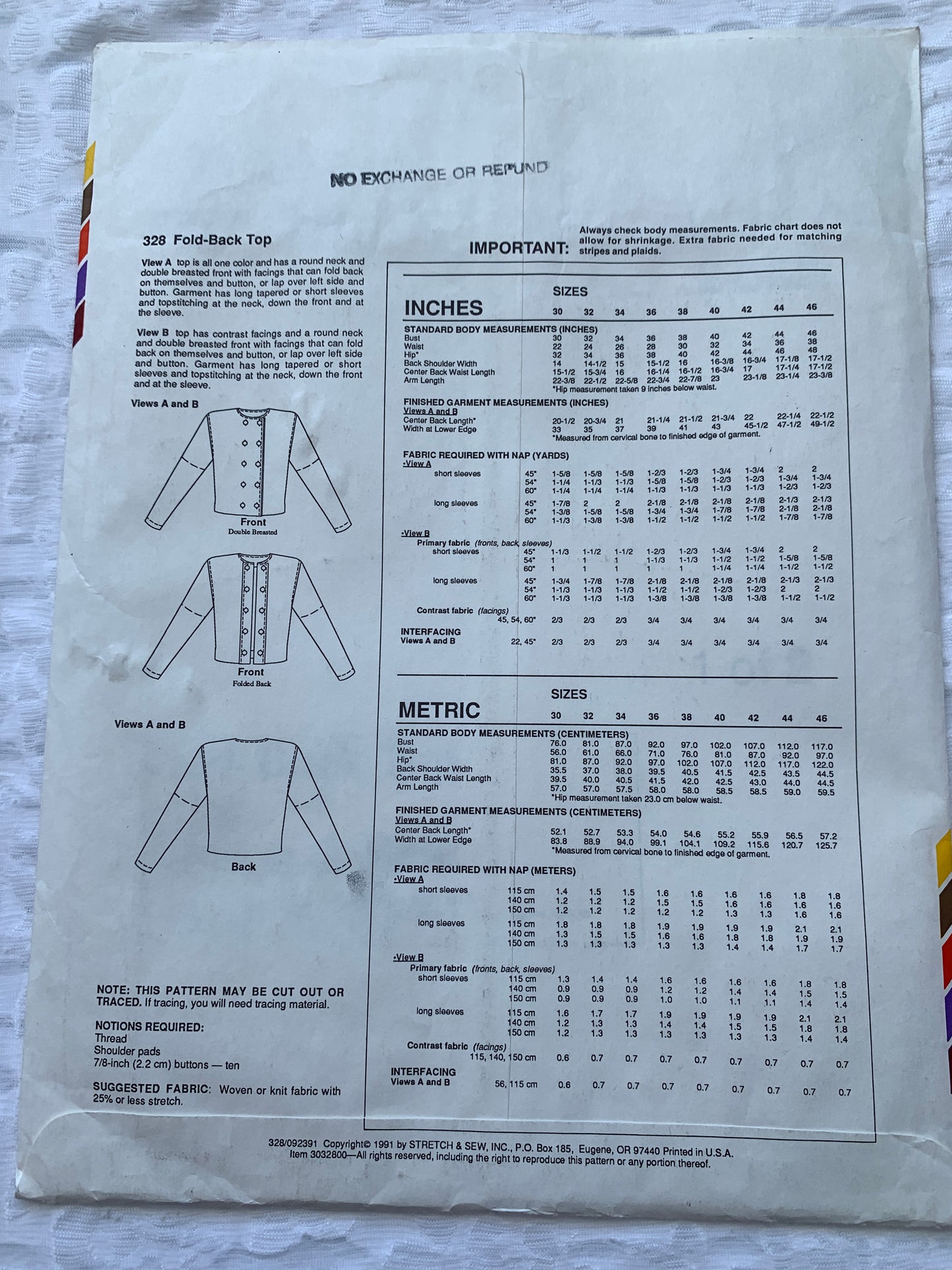 Stretch & Sew Sewing Pattern 1578 Ann Person Collectibles Fold-Back Top, Long Sleeves, Uncut, 1991