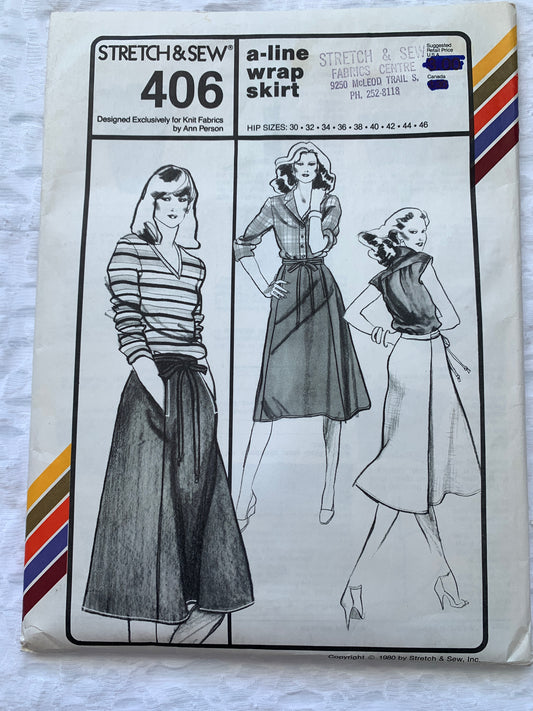 Stretch & Sew 406 Ann Person A-Line Wrap Skirt, Ties, Pockets, Uncut, 1991 