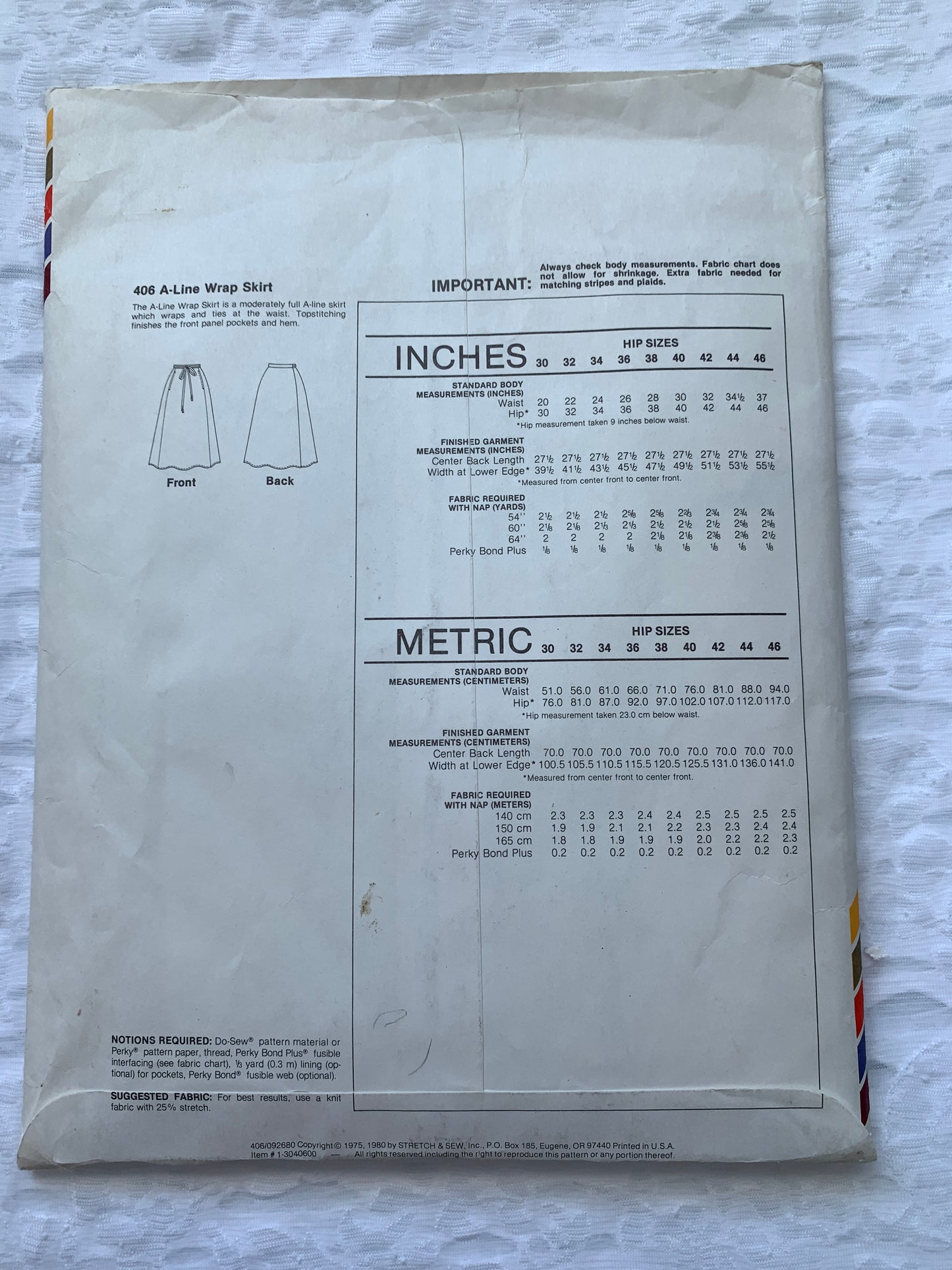 Stretch & Sew 406 Ann Person A-Line Wrap Skirt, Ties, Pockets, Uncut, 1991 