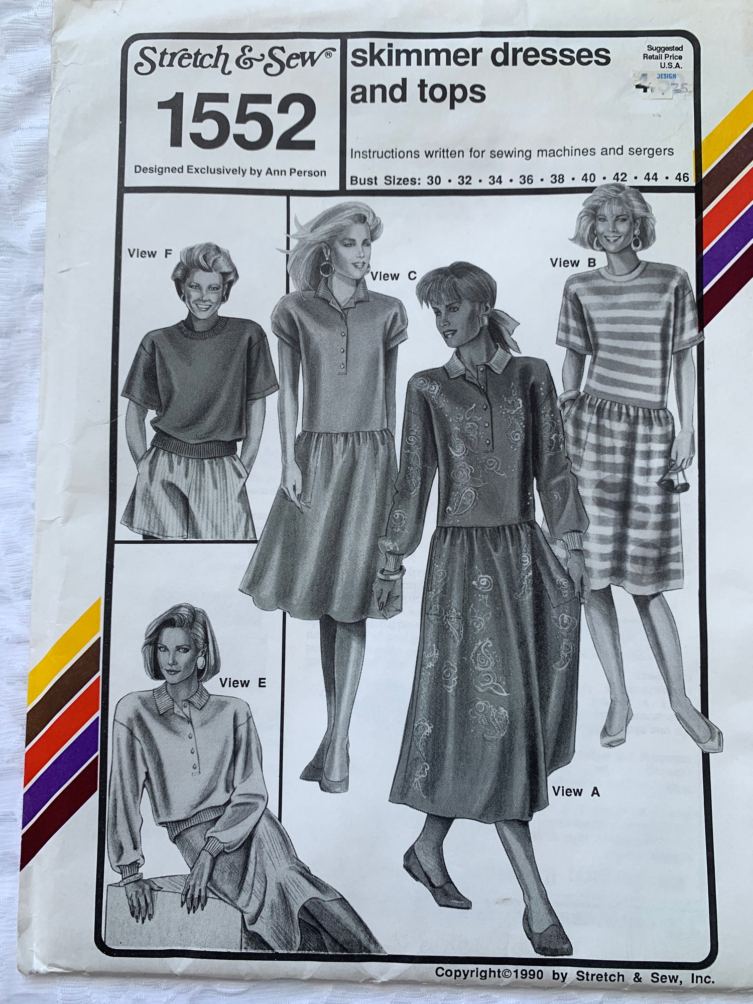Stretch & Sew Sewing Pattern 1552 Ann Person Skimmer Dresses, Tops, Long/Short Sleeves, Button Back, Size 30-46, Uncut, 1990