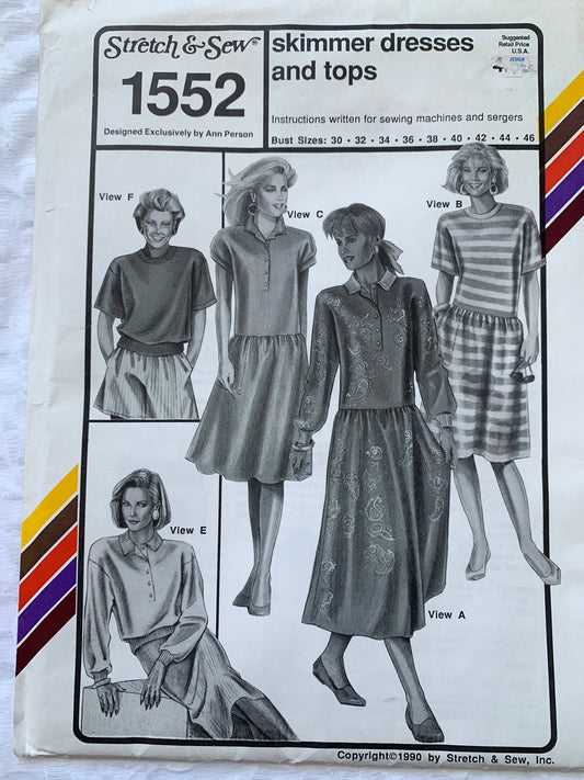 Stretch & Sew Sewing Pattern 1552 Ann Person Skimmer Dresses, Tops, Long/Short Sleeves, Button Back, Size 30-46, Uncut, 1990