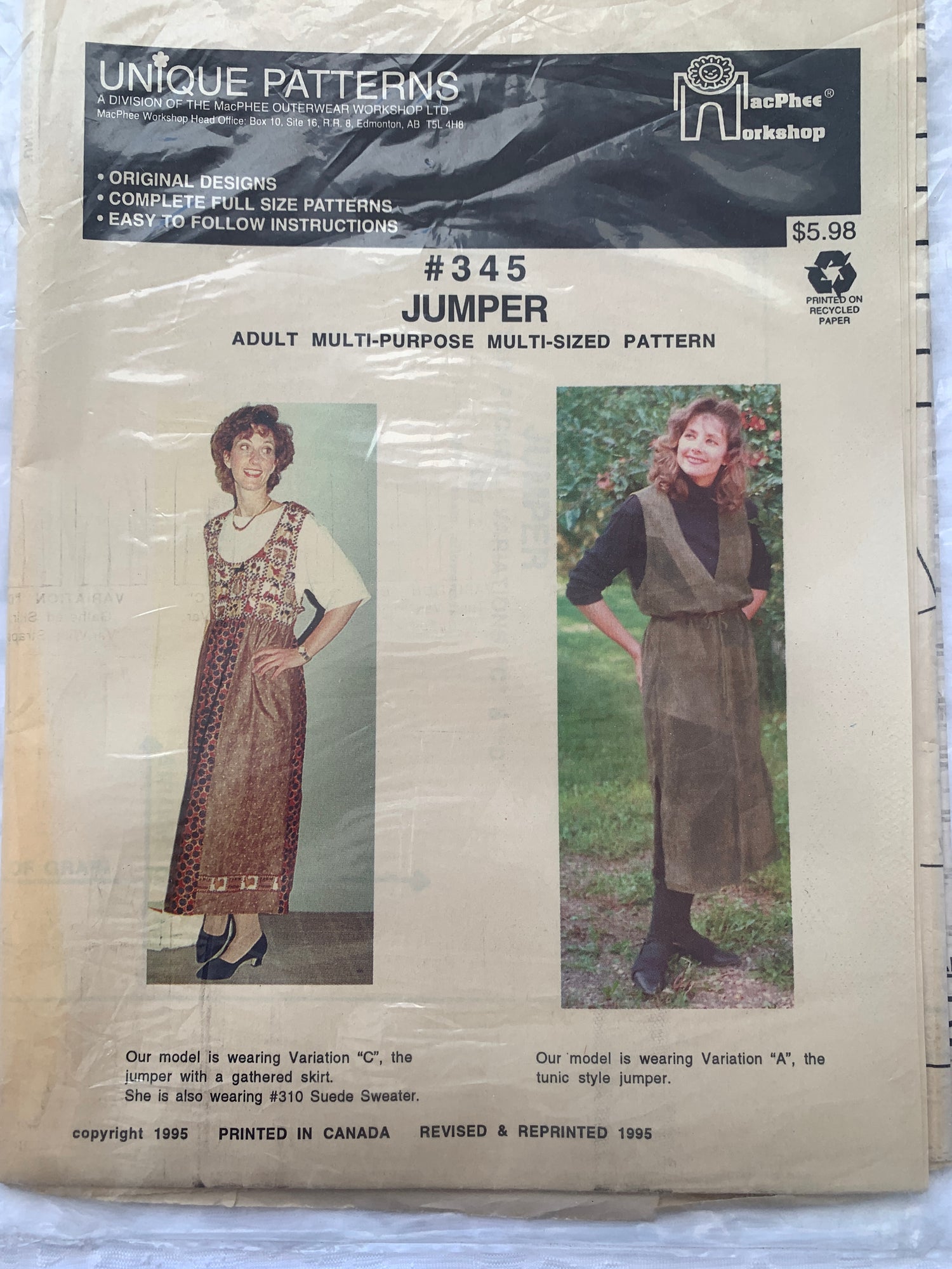 Unique Sewing Patterns 345, Jumper, Sleeveless, 4 Variations, Size 34-50, Uncut, Vintage 1995