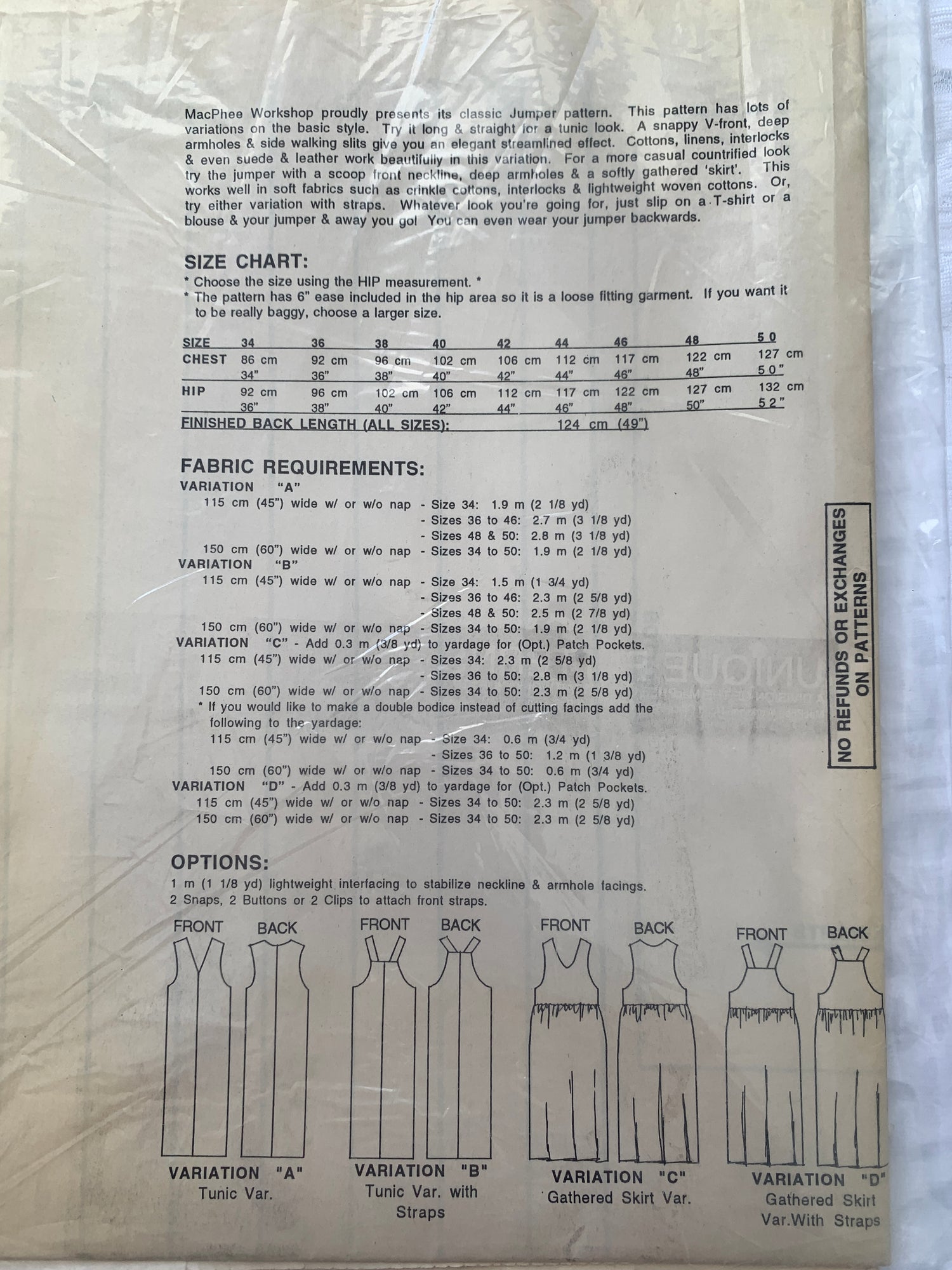 Unique Sewing Patterns 345, Jumper, Sleeveless, 4 Variations, Size 34-50, Uncut, Vintage 1995