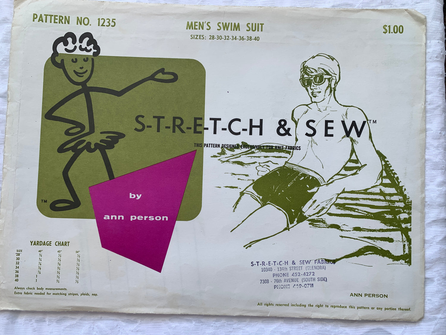 Stretch & Sew Sewing Pattern 1235 Ann Person Men's Swim Suit, Bathing Suits, One Piece, Size 28-40, Uncut, 1997