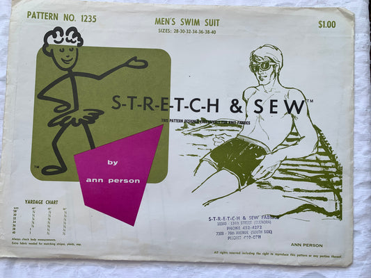 Stretch & Sew Sewing Pattern 1235 Ann Person Men's Swim Suit, Bathing Suits, One Piece, Size 28-40, Uncut, 1997