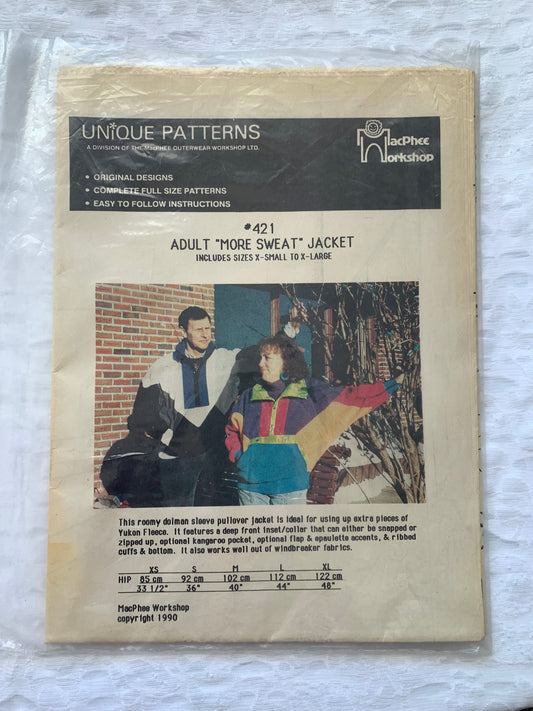 Unique Sewing Patterns 421 More Sweat Jacket, Long Sleeves, Pockets, Size 33-48, Vintage 1990