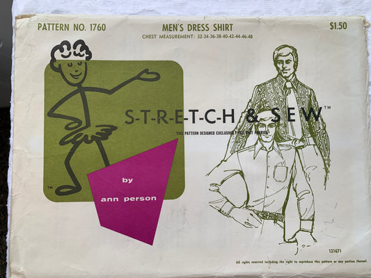 Stretch & Sew 1760 Ann Person Men's Dress Shirt, Long Sleeves Button Front Pocket, Size 32-48, Uncut, 1997