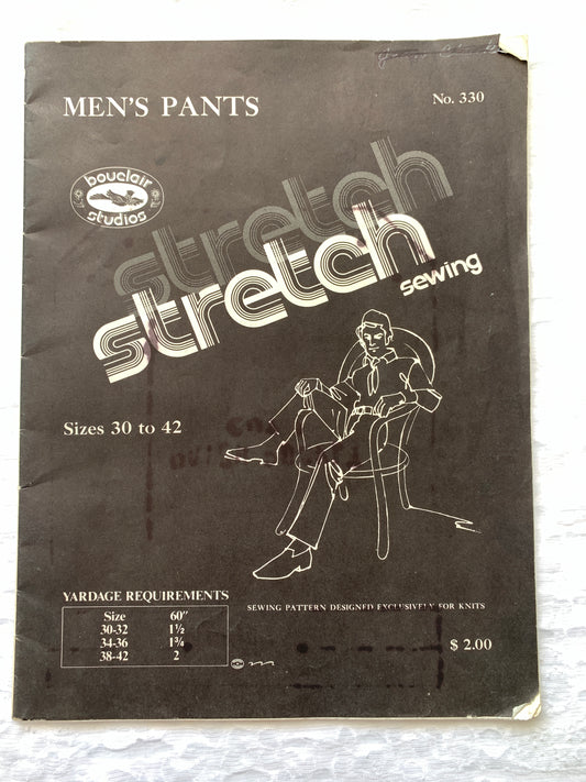 Bouclair Studios Stretch Sewing 330 Men's Knit Pants, Size 30-42, Pockets, Zipper Closure, Uncut, Vintage 1972
