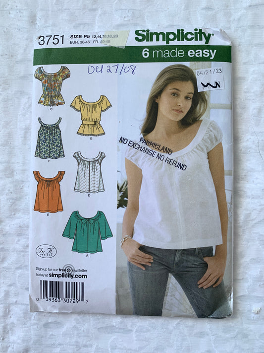 Simplicity Sewing Pattern 3751 Misses' Tops, Sleeve Variations, Tie Belt, Pullover, Size 4-20, Uncut, 2007