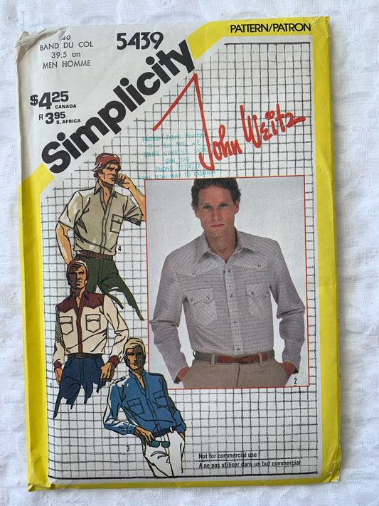 Simplicity Sewing Pattern 5439 Men's, Shirts, Long/Short Sleeves, Pocket, Collar, Button/Snap Front, Cuffs, Size 40, Uncut, Vintage 1982