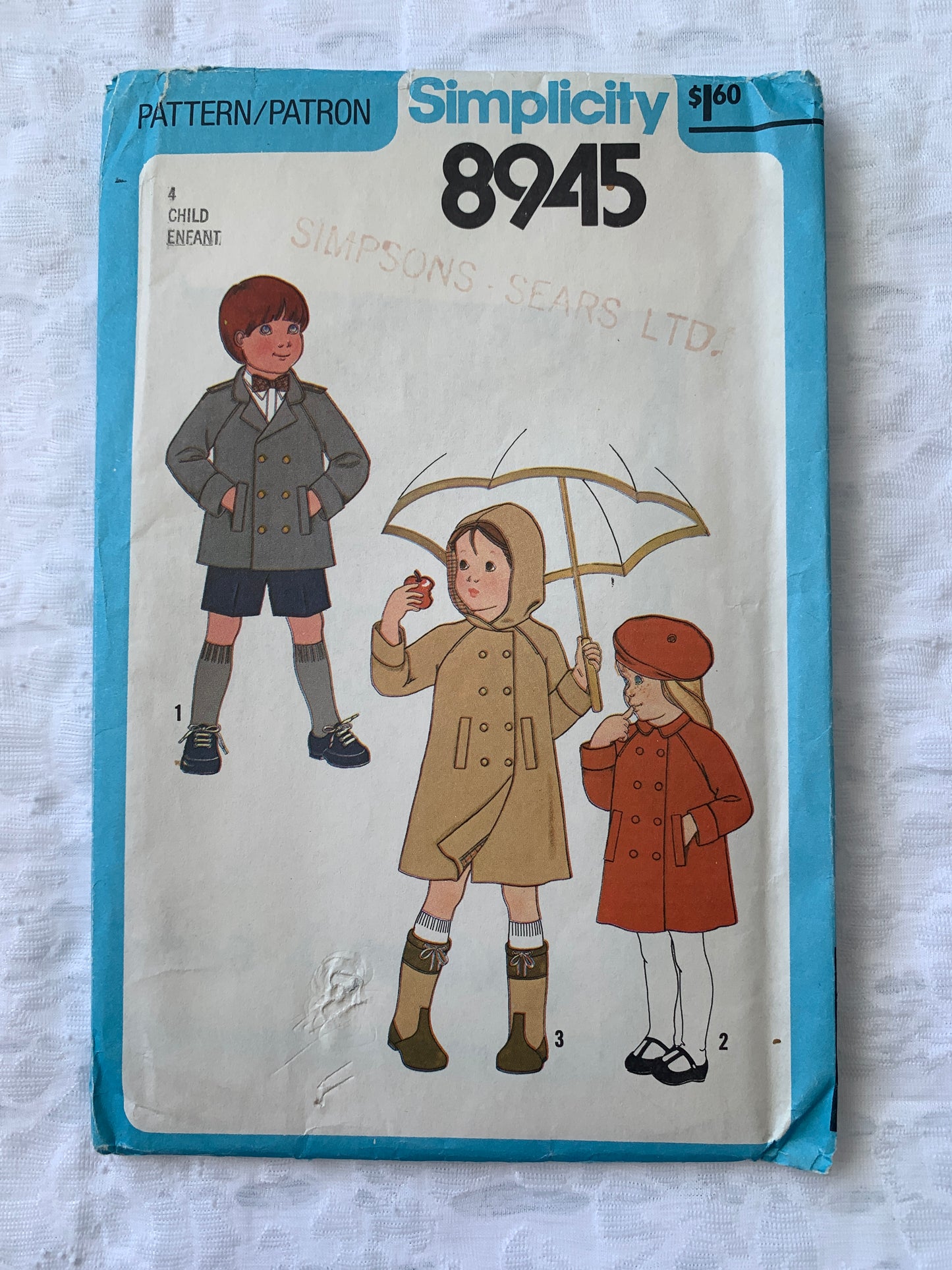 Simplicity Sewing Pattern 8945 Lined Coat, Hood, Jacket, Hat, Button Front, Long Sleeves, Pockets, Size 4, Uncut, Vintage 1979