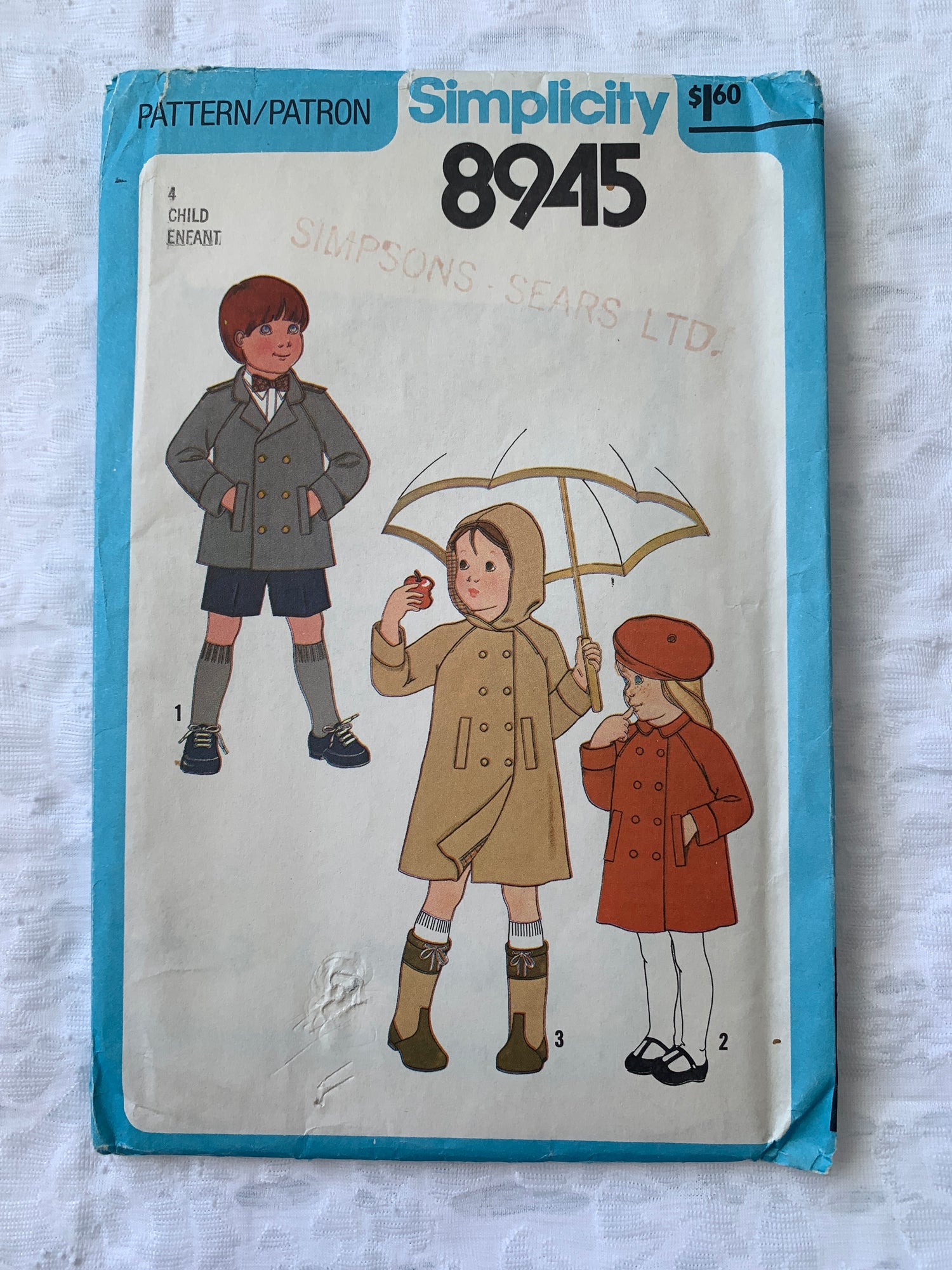 Simplicity Sewing Pattern 8945 Lined Coat, Hood, Jacket, Hat, Button Front, Long Sleeves, Pockets, Size 4, Uncut, Vintage 1979