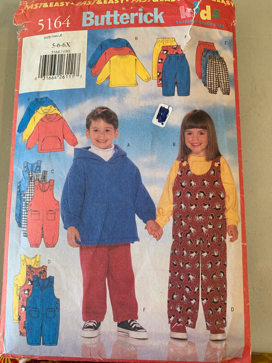 Butterick Sewing Pattern 5164 Girls'/Boys' Jacket, Pants, Overalls, Shoulder Straps, Pockets, Long Sleeves, Sleeveless, Size 5, Cut, 2001