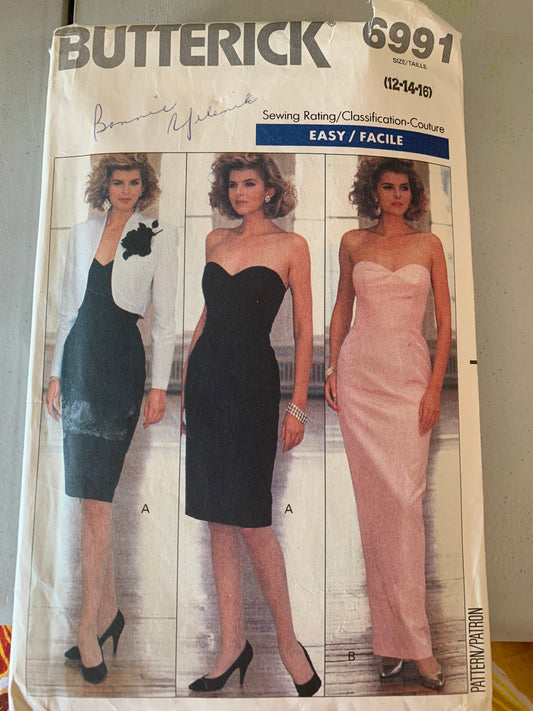 Butterick Sewing Pattern 6691 Misses' Jacket, Dress, Loose-Fitting, Princess Seams, Shoulder Pads, Zipper, Size 12, Cut, Vintage 1988