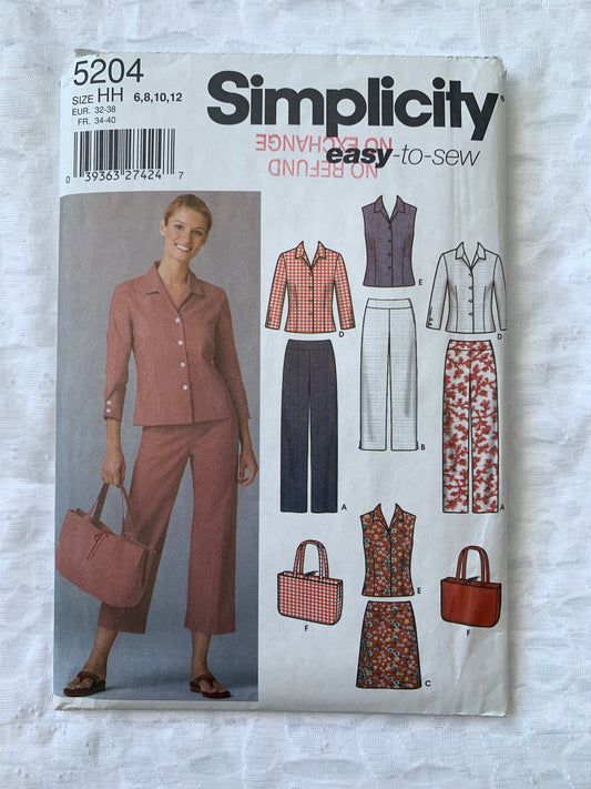 Simplicity Sewing Pattern 5204 Misses'/MIsses' Petite Pants Two Lengths, Skirt, Shirt, Bag, Button Front, Size 6-12, Uncut, 2004