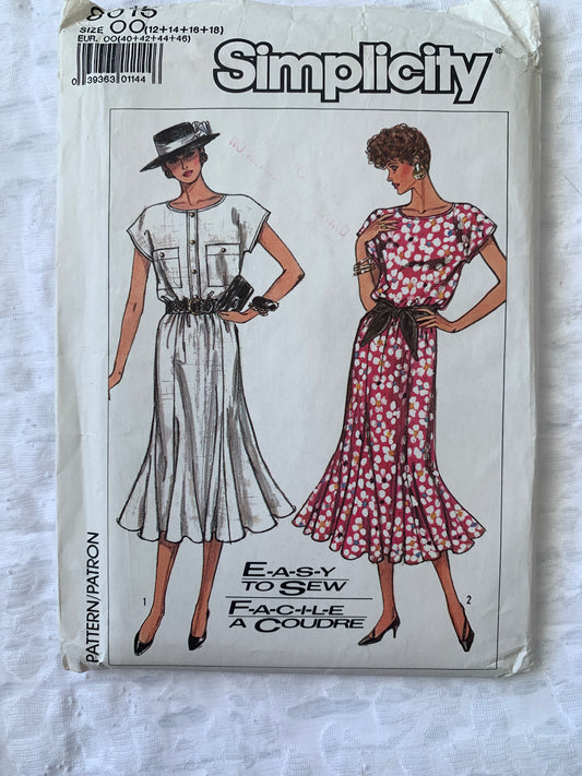 Simplicity Sewing Pattern 8015 Misses'/Petite Dresses, Pullover, Two Lengths, Short Sleeves, Size 12-18, Uncut, Vintage 1987
