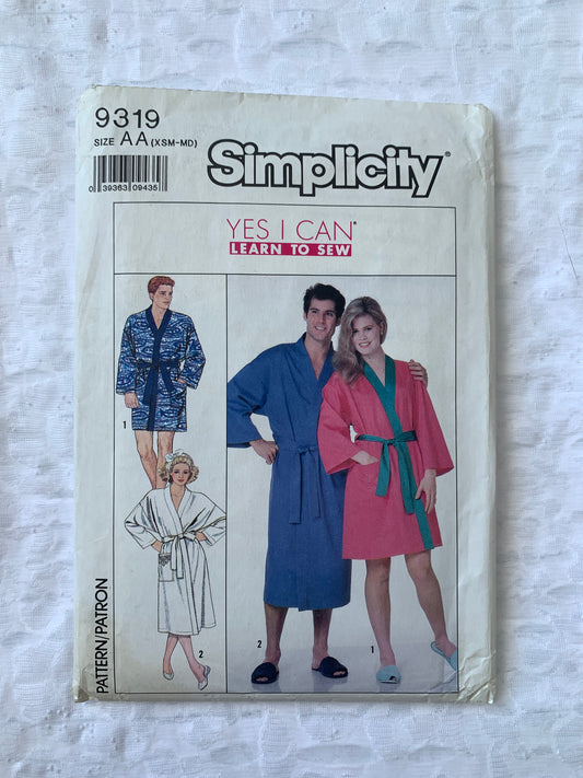Simplicity Sewing Pattern 9319 Misses'/Men's/Teens' Robe, Two Lengths, Size 30-48, Uncut, Vintage 1989